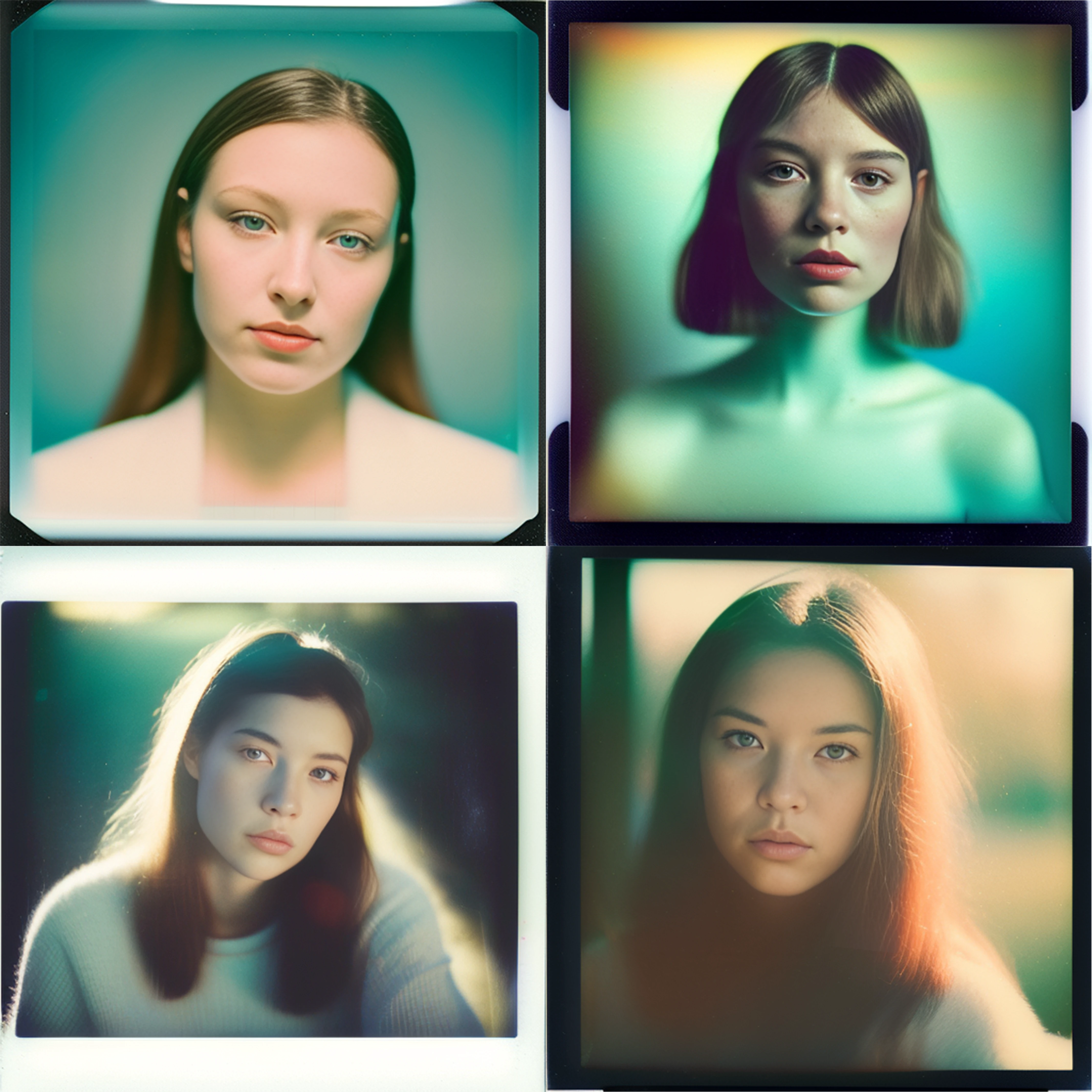 vintage polaroid analog portrait photography of a woman, warm azure tones, heavy lensflare, color bleed, film grain
