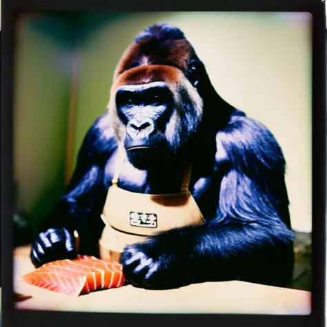 vintage polaroid analog portrait photography of a gorilla preparing sushi, intricate detail, centered