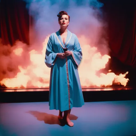 Vintage analog polaroid photograph of a woman wearingwith a post-atomic robe,angry look, pinup posing on a theater stage,detailed face,warm azure tones, heavy lensflare, color bleed, film grain,smoke