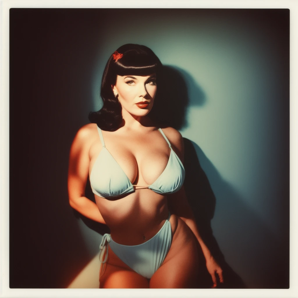 Vintage analog polaroid photograph of bettie page wearing a sexy topless costume pinup posing on a theater stage, thrilled look,warm azure tones, heavy lensflare, color bleed, film grain,modelshoot style, sad look