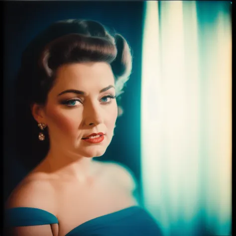 Vintage analog polaroid photograph of a woman wearing a fifties dress,unhappy look, pinup posing on a theater stage,detailed face,warm azure tones, heavy lensflare, color bleed, film grain,smoke