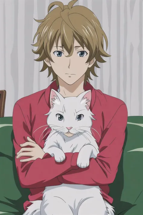 masterpiece, high quality, masayoshihazama, cuddling with a white cute cat <lora:masayoshihazama-000003:0.8>
