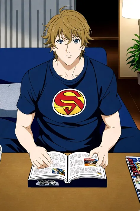 masterpiece, high quality, masayoshihazama, grey eyes, indoors, cozy environment, sitting, reading a superhero comic book, atmospheric lighting, couch, items in background, rich environment, extremely detailed <lora:masayoshihazama-000003:0.8>