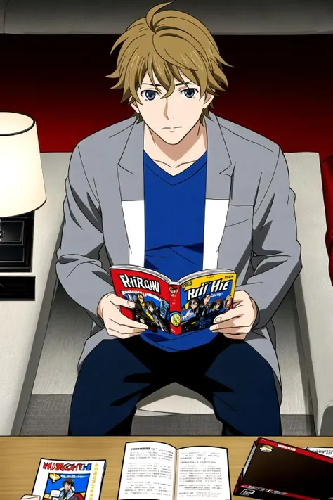 masterpiece, high quality, masayoshihazama, grey eyes, indoors, cozy environment, sitting, reading a superhero comic book, atmospheric lighting, couch, items in background, rich environment, extremely detailed <lora:masayoshihazama-000003:0.8>