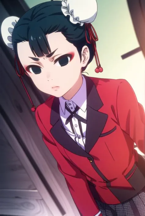 miriyoubami, <lora:miri youbami s2-lora-nochekaiser:1>,
miri youbami, short hair, bangs, black hair, hair bun, (black eyes:1.5), double bun, makeup, empty eyes, bun cover,
BREAK skirt, shirt, school uniform, jacket, white shirt, pleated skirt, collared shirt, black skirt, blazer, (red jacket:1.5),
BREAK indoors, classroom,
BREAK looking at viewer, (cowboy shot:1.5),
BREAK <lyco:GoodHands-beta2:1>, (masterpiece:1.2), best quality, high resolution, unity 8k wallpaper, (illustration:0.8), (beautiful detailed eyes:1.6), extremely detailed face, perfect lighting, extremely detailed CG, (perfect hands, perfect anatomy),