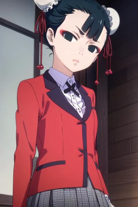 miriyoubami, <lora:miri youbami s2-lora-nochekaiser:1>,
miri youbami, short hair, bangs, black hair, hair bun, (black eyes:1.5), double bun, makeup, empty eyes, bun cover,
BREAK skirt, shirt, school uniform, jacket, white shirt, pleated skirt, collared shirt, black skirt, blazer, (red jacket:1.5),
BREAK indoors, classroom,
BREAK looking at viewer, (cowboy shot:1.5),
BREAK <lyco:GoodHands-beta2:1>, (masterpiece:1.2), best quality, high resolution, unity 8k wallpaper, (illustration:0.8), (beautiful detailed eyes:1.6), extremely detailed face, perfect lighting, extremely detailed CG, (perfect hands, perfect anatomy),