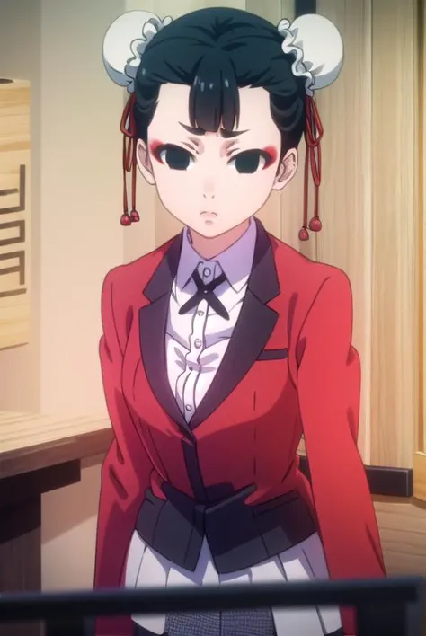 miriyoubami, <lora:miri youbami s2-lora-nochekaiser:1>,
miri youbami, short hair, bangs, black hair, hair bun, (black eyes:1.5), double bun, makeup, empty eyes, bun cover,
BREAK skirt, shirt, school uniform, jacket, white shirt, pleated skirt, collared shirt, black skirt, blazer, (red jacket:1.5),
BREAK indoors, classroom,
BREAK looking at viewer, (cowboy shot:1.5),
BREAK <lyco:GoodHands-beta2:1>, (masterpiece:1.2), best quality, high resolution, unity 8k wallpaper, (illustration:0.8), (beautiful detailed eyes:1.6), extremely detailed face, perfect lighting, extremely detailed CG, (perfect hands, perfect anatomy),