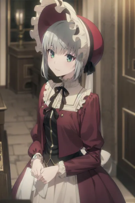best quality, (masterpiece:1.2), detailed, blurry background,
<lora:chara_FateLordElMelloi_Gray_v1:0.8>, gray (lord el-melloi),
1girl, solo, closed mouth,
grey hair, green eyes,
red dress, bonnet, neck ribbon, brown ribbon, frills,
standing, looking at the viewer,
indoors