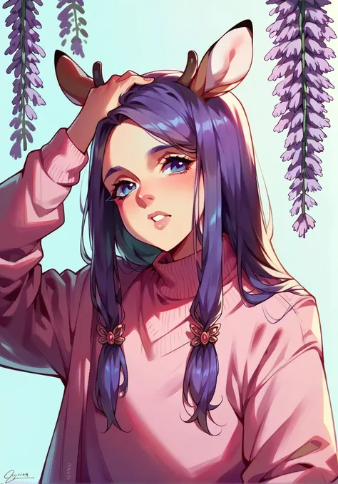 score_9,score_8_up,score_7_up,score_6_up,score_5_up,score_4_up wisteria, portrait, hand on headwear, cerulean hair, pink sweater,culottes, parted bangs, deer ears, <lora:ka_style_xl_v2:0.8>,