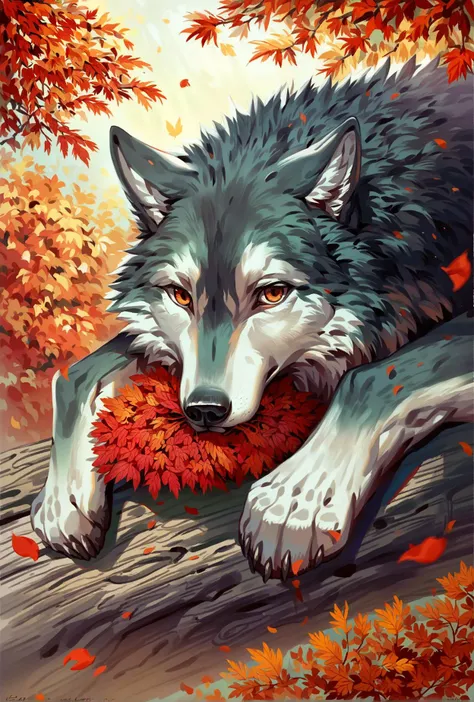 score_9,score_8_up,score_7_up,score_6_up,score_5_up,score_4_up rating_questionable, solo,looking at viewer,flower,outdoors,artist name,signature,dated,tree,petals,no humans,animal,leaf,mouth hold,plant,red flower,nature,forest,branch,autumn leaves,red theme,autumn,wolf,oversized animal <lora:ka_style_xl_v2:0.8>