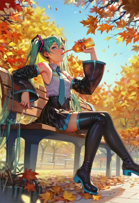 score_9, score_8_up, score_7_up, a girl is sitted on a park bench drinking a juice, hatsune miku, looking at viewer, black thighhighs, black detached sleeves, black skirt, thigh boots, autumn,
<lora:ra_xl_v2:.8>