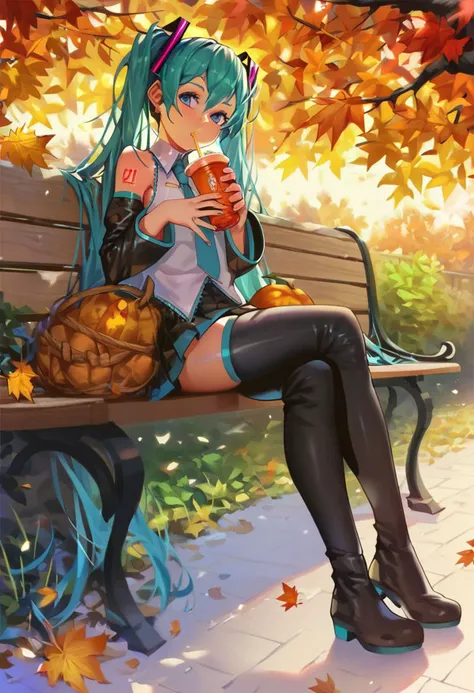 score_9, score_8_up, score_7_up, a girl is sitted on a park bench drinking a juice, hatsune miku, looking at viewer, black thighhighs, black detached sleeves, black skirt, thigh boots, autumn,
<lora:ra_xl_v2:.8>