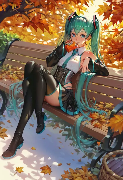 score_9, score_8_up, score_7_up, a girl is sitted on a park bench drinking a juice, hatsune miku, looking at viewer, black thighhighs, black detached sleeves, black skirt, thigh boots, autumn,
<lora:ra_xl_v2:.8>