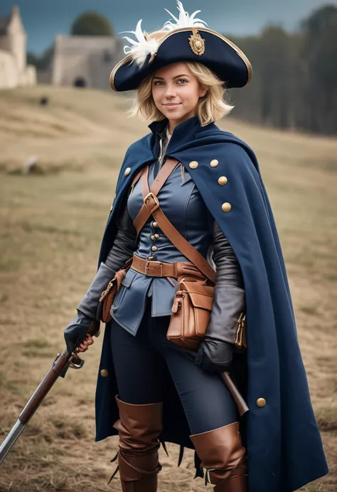 (medium full shot) of (heroic musketeer) young woman, petite build, short blonde hair, italian, tan skin, light brown eyes, wearing a feathered hat, dark blue musketeer's tabard, knee-high boots, leather satchel, wielding a musket, set in  a historic battlefield, featuring ancient weapons, tactical positions, battle-worn terrain, command tents, and heroic figures, during sunset, woman smiling, detailed face, ,Masterpiece,best quality, raw photo, realistic, very aesthetic