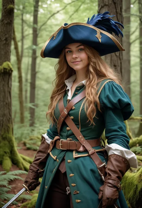 (medium full shot) of (intrepid musketeer) young woman, Average build, extra long hazel hair, canadian, tan skin, dark green eyes, wearing a feathered hat, dark blue musketeer's tabard, knee-high boots, gloves, wielding a dagger, set in  a dense ancient forest, where towering trees stretch towards the sky and the air is thick with the scent of pine and moss, woman smiling, ,Masterpiece,best quality, raw photo, realistic, very aesthetic