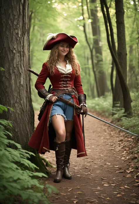 (medium full shot) of (chivalrous musketeer) young woman, curvy build, extra long hazel hair, american, tan skin, light brown eyes, wearing a feathered hat, red musketeer's gambeson, buckle shoes, leather satchel, wielding a rapier, set in  a dense forest, with towering trees, thick underbrush, hidden paths, dappled sunlight, and mysterious ambiance, woman smiling, detailed face, ,Masterpiece,best quality, raw photo, realistic, very aesthetic