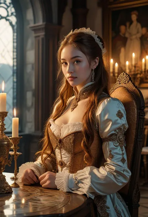 (medium full shot) of (heroic musketeer) young woman, busty build, extra long ginger hair, chinese, tan skin, light brown eyes, wearing a musketeer hat, white musketeer's gambeson, buckle shoes, gloves, wielding a musket, set in  ancient castle Dining Hall, Regal space with a long dining table set with fine china and crystal glassware, ornate candelabras casting flickering light, high-backed chairs upholstered in velvet, a sideboard displaying decadent desserts, a stained glass window depicting a royal crest, during sunset, woman smiling, detailed face, ,Masterpiece,best quality, photo, realistic, very aesthetic