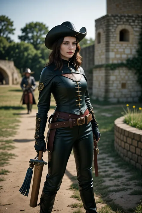 <lora:LCM_LoRA_Weights_SD15:1>,<lora:detail_slider_v4:1.5>,(valiant musketeer) 48yo old middle-aged woman, lithe build, medium dark hair, russian, pale skin, green eyes, wearing a musketeer hat, dark blue leather jerkin, leather pants, knee-high boots, ornate buckle, wielding a flintlock pistol, set in a medieval battlefield, with mounted knights, archers, siege weapons, defensive fortifications, and strategic maps, during sunset,
from the side:1.1,(full body portrait:1.3),(wide shot:1.3),documentary photography, capturing reality, social issues, human experiences, photojournalistic storytelling, candid moments, authentic narratives, raising awareness, documenting history, preserving cultural heritage, immersive storytelling, evoking empathy, powerful imagery, journalistic integrity,