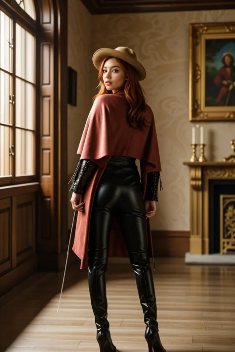 <lora:LCM_LoRA_Weights_SD15:1>,<lora:detail_slider_v4:1.2>,(heroic musketeer) 24yo old adult woman, petite build, medium red hair, korean, tan skin, hazel eyes, wearing a musketeer hat, white velvet coat, leather pants, knee-high boots, cape, wielding a rapier, set in a royal castle, with luxurious chambers, opulent furnishings, grand staircase, elegant gardens, and regal decor, during sunset,
from behind:1.1,(full body portrait:1.3),(wide shot:1.3),landscape photography, vast vistas, natural beauty, dynamic compositions, captivating scenery, immersive, serene,