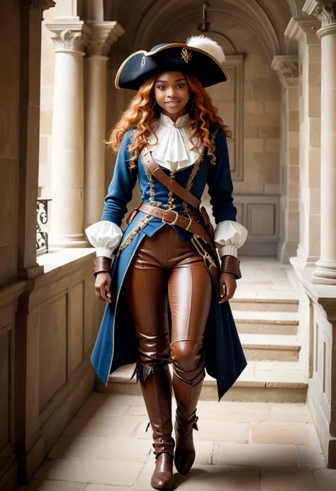 (medium full shot) of (chivalrous musketeer) young woman, Medium build, long ginger hair, african, dark skin, light brown eyes, wearing a musketeer hat, brown tabard, breeches, buckle shoes, leather belt with a buckle, wielding a dagger, set in  a royal castle, with luxurious chambers, opulent furnishings, grand staircase, elegant gardens, and regal decor, woman smiling, detailed face, ,Masterpiece,best quality, photo, realistic, very aesthetic