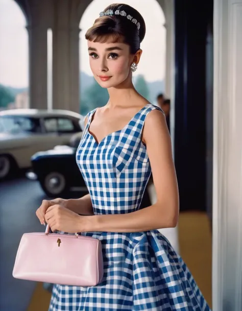 (masterpiece, best quality, hyper realistic, raw photo, ultra detailed, extremely detailed, intricately detailed), (photorealistic:1.4), (photography of Audrey Hepburn wearing a fashionable Gingham checkered fit and flare dress with sweetheart neckline, designed by Hubert de Givenchy), (smile), fairy, pure, innocent, beauty, (slender), super model, adr, <lora:adr_AudreyHepburn_SDXL-LoRA-prodigy-clip1-v01:0.9>, Breakfast at Tiffany's, Sabrina, (glide_fashion), <lora:Glide_fashion_sdxl:0.8>, depth of field, (full shot), film grain, zeiss lens, symmetrical, 8k resolution, octane render, extremely high-resolution details, fine texture, dynamic angle,
