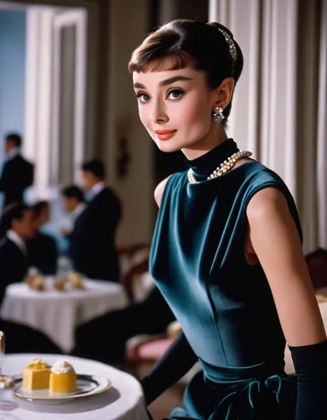 (masterpiece, best quality, hyper realistic, raw photo, ultra detailed, extremely detailed, intricately detailed), (photorealistic:1.4), (photography of Audrey Hepburn wearing a fashionable High-neck velvet midi dress, designed by Hubert de Givenchy), (smile), fairy, pure, innocent, beauty, (slender), super model, adr, <lora:adr_AudreyHepburn_SDXL-LoRA-prodigy-clip1-v01:0.9>, Breakfast at Tiffany's, Sabrina, (glide_fashion), <lora:Glide_fashion_sdxl:0.8>, depth of field, (full shot), film grain, zeiss lens, symmetrical, 8k resolution, octane render, extremely high-resolution details, fine texture, dynamic angle,
