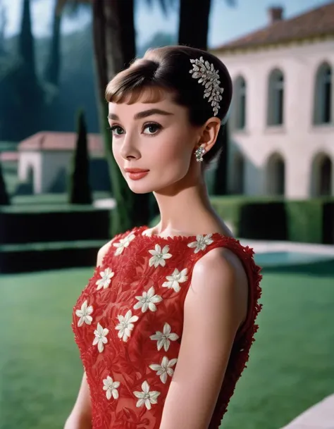 (masterpiece, best quality, hyper realistic, raw photo, ultra detailed, extremely detailed, intricately detailed), (photorealistic:1.4), (photography of Audrey Hepburn wearing a fashionable Floral embroidered mesh overlay A-line dress, designed by Hubert de Givenchy), (smile), fairy, pure, innocent, beauty, (slender), super model, adr, <lora:adr_AudreyHepburn_SDXL-LoRA-prodigy-clip1-v01:0.9>, Breakfast at Tiffany's, Sabrina, (glide_fashion), <lora:Glide_fashion_sdxl:0.8>, depth of field, (full shot), film grain, zeiss lens, symmetrical, 8k resolution, octane render, extremely high-resolution details, fine texture, dynamic angle,