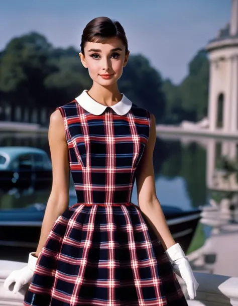 (masterpiece, best quality, hyper realistic, raw photo, ultra detailed, extremely detailed, intricately detailed), (photorealistic:1.4), (photography of Audrey Hepburn wearing a fashionable Plaid fit and flare dress with Peter Pan collar, designed by Hubert de Givenchy), (smile), fairy, pure, innocent, beauty, (slender), super model, adr, <lora:adr_AudreyHepburn_SDXL-LoRA-prodigy-clip1-v01:0.9>, Breakfast at Tiffany's, Sabrina, (glide_fashion), <lora:Glide_fashion_sdxl:0.8>, depth of field, (full shot), film grain, zeiss lens, symmetrical, 8k resolution, octane render, extremely high-resolution details, fine texture, dynamic angle,