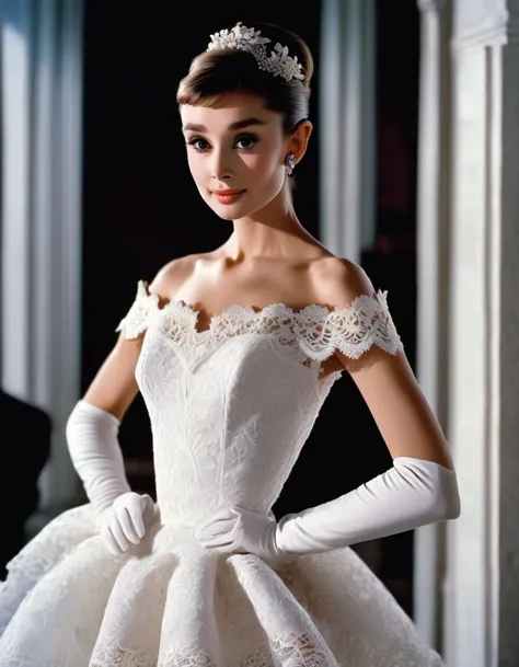 (masterpiece, best quality, hyper realistic, raw photo, ultra detailed, extremely detailed, intricately detailed), (photorealistic:1.4), (photography of Audrey Hepburn wearing a fashionable Off-the-shoulder tiered lace dress with scalloped hem, designed by Hubert de Givenchy), (smile), fairy, pure, innocent, beauty, (slender), super model, adr, <lora:adr_AudreyHepburn_SDXL-LoRA-prodigy-clip1-v01:0.9>, Breakfast at Tiffany's, Sabrina, (glide_fashion), <lora:Glide_fashion_sdxl:0.8>, depth of field, (full shot), film grain, zeiss lens, symmetrical, 8k resolution, octane render, extremely high-resolution details, fine texture, dynamic angle,