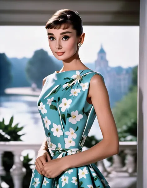 (masterpiece, best quality, hyper realistic, raw photo, ultra detailed, extremely detailed, intricately detailed), (photorealistic:1.4), (photography of Audrey Hepburn wearing a fashionable Wrap dress with floral print, designed by Hubert de Givenchy), (smile), fairy, pure, innocent, beauty, (slender), super model, adr, <lora:adr_AudreyHepburn_SDXL-LoRA-prodigy-clip1-v01:0.9>, Breakfast at Tiffany's, Sabrina, (glide_fashion), <lora:Glide_fashion_sdxl:0.8>, depth of field, (full shot), film grain, zeiss lens, symmetrical, 8k resolution, octane render, extremely high-resolution details, fine texture, dynamic angle,