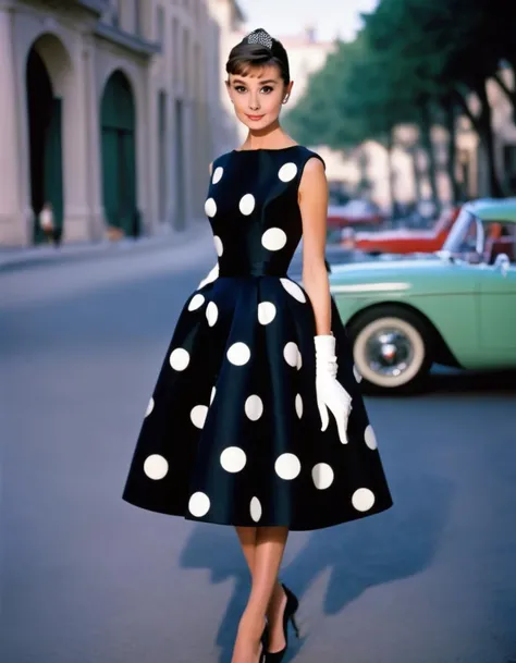 (masterpiece, best quality, hyper realistic, raw photo, ultra detailed, extremely detailed, intricately detailed), (photorealistic:1.4), (photography of Audrey Hepburn wearing a fashionable Polka dot tea-length dress, designed by Hubert de Givenchy), (smile), fairy, pure, innocent, beauty, (slender), super model, adr, <lora:adr_AudreyHepburn_SDXL-LoRA-prodigy-clip1-v01:0.9>, Breakfast at Tiffany's, Sabrina, (glide_fashion), <lora:Glide_fashion_sdxl:0.8>, depth of field, (full shot), film grain, zeiss lens, symmetrical, 8k resolution, octane render, extremely high-resolution details, fine texture, dynamic angle,