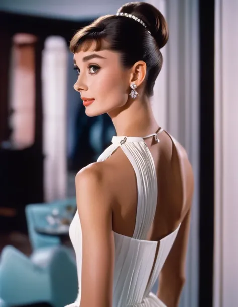 (masterpiece, best quality, hyper realistic, raw photo, ultra detailed, extremely detailed, intricately detailed), (photorealistic:1.4), (photography of Audrey Hepburn wearing a fashionable Pleated chiffon halter neck dress with keyhole back, designed by Hubert de Givenchy), (smile), fairy, pure, innocent, beauty, (slender), super model, adr, <lora:adr_AudreyHepburn_SDXL-LoRA-prodigy-clip1-v01:0.9>, Breakfast at Tiffany's, Sabrina, (glide_fashion), <lora:Glide_fashion_sdxl:0.8>, depth of field, (full shot), film grain, zeiss lens, symmetrical, 8k resolution, octane render, extremely high-resolution details, fine texture, dynamic angle,