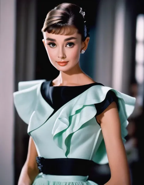 (masterpiece, best quality, hyper realistic, raw photo, ultra detailed, extremely detailed, intricately detailed), (photorealistic:1.4), (photography of Audrey Hepburn wearing a fashionable Ruffle hem wrap dress, designed by Hubert de Givenchy), (smile), fairy, pure, innocent, beauty, (slender), super model, adr, <lora:adr_AudreyHepburn_SDXL-LoRA-prodigy-clip1-v01:0.9>, Breakfast at Tiffany's, Sabrina, (glide_fashion), <lora:Glide_fashion_sdxl:0.8>, depth of field, (full shot), film grain, zeiss lens, symmetrical, 8k resolution, octane render, extremely high-resolution details, fine texture, dynamic angle,
