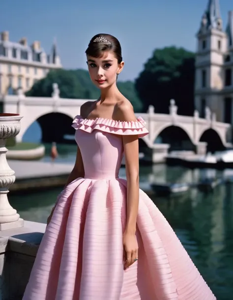 (masterpiece, best quality, hyper realistic, raw photo, ultra detailed, extremely detailed, intricately detailed), (photorealistic:1.4), (photography of Audrey Hepburn wearing a fashionable Ruffle hem off-the-shoulder midi dress, designed by Hubert de Givenchy), (smile), fairy, pure, innocent, beauty, (slender), super model, adr, <lora:adr_AudreyHepburn_SDXL-LoRA-prodigy-clip1-v01:0.9>, Breakfast at Tiffany's, Sabrina, (glide_fashion), <lora:Glide_fashion_sdxl:0.8>, depth of field, (full shot), film grain, zeiss lens, symmetrical, 8k resolution, octane render, extremely high-resolution details, fine texture, dynamic angle,
