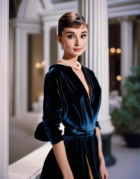 (masterpiece, best quality, hyper realistic, raw photo, ultra detailed, extremely detailed, intricately detailed), (photorealistic:1.4), (photography of Audrey Hepburn wearing a fashionable Velvet wrap dress, designed by Hubert de Givenchy), (smile), fairy, pure, innocent, beauty, (slender), super model, adr, <lora:adr_AudreyHepburn_SDXL-LoRA-prodigy-clip1-v01:0.9>, Breakfast at Tiffany's, Sabrina, (glide_fashion), <lora:Glide_fashion_sdxl:0.8>, depth of field, (full shot), film grain, zeiss lens, symmetrical, 8k resolution, octane render, extremely high-resolution details, fine texture, dynamic angle,