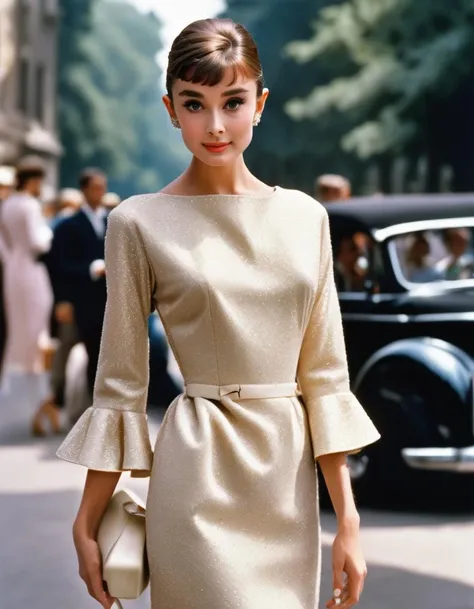 (masterpiece, best quality, hyper realistic, raw photo, ultra detailed, extremely detailed, intricately detailed), (photorealistic:1.4), (photography of Audrey Hepburn wearing a fashionable Pleated metallic midi dress with V-neckline, designed by Hubert de Givenchy), (smile), fairy, pure, innocent, beauty, (slender), super model, adr, Breakfast at Tiffany's, Sabrina, (glide_fashion), depth of field, (full shot), film grain, zeiss lens, symmetrical, 8k resolution, octane render, extremely high-resolution details, fine texture, dynamic angle,