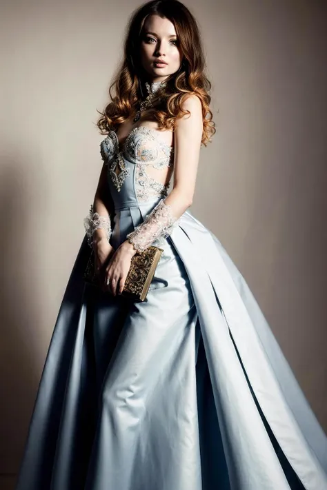 <lora:Emily_Browning:0.85> Tim Walker style award winning intrinsic detail dreamscape photo-art high fashion portrait style of a female supermodel with stylized modern hair in John Galliano fashion design in a high fashion studio, hd, 8k