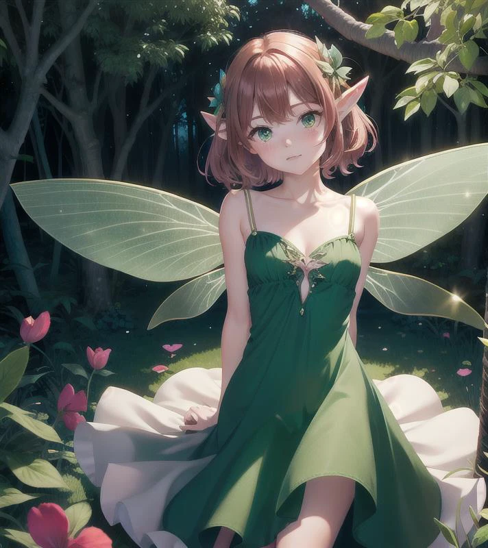 masterpiece, 8k, perfect ligthing, , adult, female, full body shot, looking at viewer, Arm behind back, cinematic lighting, Hair curled at the ends, (dress:1.8), (extra long fairy wings), long wings, green clothes, clothes made from petals, Auburn Hair, (pointy ears), (detailled eyes), green eyes, emerald eyes, shrunken, Looking confused, blush, pixiedust, jungle, flowers, treehouse, night,