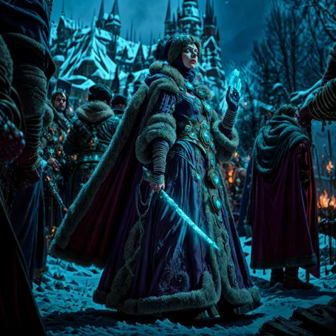 Generate a stunning art style, a true [masterpiece] [best quality] of art. The image showcases [detailed linework], [dynamic shading], and [dramatic lighting], bringing to life a [dreading atmosphere, grim dark coloures] . In the background a [orthodox castle park , warhammer fantasy] is to be seen in [grand:1.8, high-scale:1.8, panorama:1.8] from [from below]. A [((blizzard:1.2)), nice ambiance] is raging.
TzarinaKatarin,  solo is [full body view:1.5, charging forward, front view, determined, serious ]. she  is wearing [makeup, blue eyes, glowing eyes, perfect eyes, perfect face, detailed face, (fur-trimmed coat:1.05), turtleneck, fur trim, gem, jewelry, fur cape, hood, gloves,] . She is holding a [ice sword]
<lora:more_details:1>    <lora:TzarinaKatarin:1>