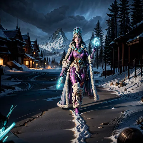 Generate a stunning art style, a true [masterpiece] [best quality] of art. The image showcases [detailed linework], [dynamic shading], and [dramatic lighting], bringing to life a [dreading atmosphere, grim dark coloures] . In the background a [orthodox castle park , warhammer fantasy] is to be seen in [grand:1.8, high-scale:1.8, panorama:1.8] from [from below]. A [((blizzard:1.2)), nice ambiance] is raging.
TzarinaKatarin,  solo is [full body view:1.5, charging forward, front view, determined, serious ]. she  is wearing [crown, makeup, blue eyes, glowing eyes, perfect eyes, perfect face, detailed face, (fur-trimmed coat:1.05), turtleneck, fur trim, gem, jewelry, fur cape, hood, gloves,] . She is holding a [ice sword]
<lora:more_details:1>    <lora:TzarinaKatarin:1>