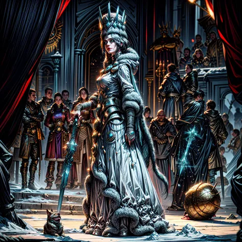 Generate a stunning art style, a true [masterpiece] [best quality] of art. The image showcases [detailed linework], [dynamic shading], and [dramatic lighting], bringing to life a [dreading atmosphere, grim dark coloures] . In the background a [orthodox castle park , warhammer fantasy] is to be seen in [grand:1.8, high-scale:1.8, panorama:1.8] from [from below]. A [((blizzard:1.2)), nice ambiance] is raging.
TzarinaKatarin,  solo is [full body view:1.5, charging forward, front view, determined, serious ]. she  is wearing [crown, makeup, blue eyes, glowing eyes, perfect eyes, perfect face, detailed face, (fur-trimmed coat:1.05), turtleneck, fur trim, gem, jewelry, fur cape, hood, gloves,] . She is holding a [staff]
<lora:more_details:1>    <lora:TzarinaKatarin:1>