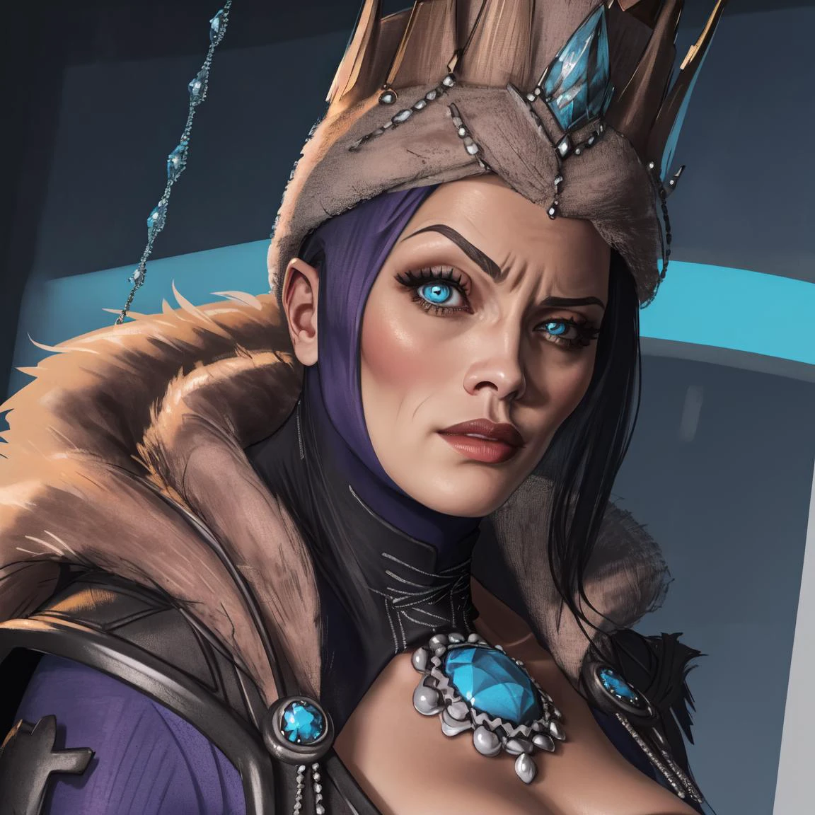 (highres, best quality:1.3),
TzarinaKatarin, 1girl, solo, mature female, RocksEyebrowRaise, (raised eyebrow, thick eyebrows:1.2), a strict look, head tilt, portrait, closeup,
crown, black hair, long hair, makeup, blue eyes, glowing eyes, perfect eyes, perfect face, detailed face,
(fur-trimmed coat:1.05), fur trim, gem, jewelry, fur cape,
breasts,
<lora:TzarinaKatarin:0.9> <lora:RocksEyebrowRaise:1>,