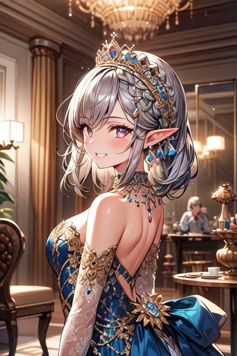 (best quality:1.2) (4k:1.) (highres:1.1) (absurdres:1) , (realistic photograph:1.1) , (ultra detailed CG:1.1) ,
1girl elf , solo , (detailed face:1) , (small breasts:1) , (silver french braid:1) ,
<lora:peacock-noise:.8> (peacock:1) , luxurious blue gown , bare shoulders , strapless , cleavage , standing , necklace , ruby gem , hair ornaments , tiara , grin , indoors , luxurious interior , chandelier , portrait , <lora:epiNoiseoffset_v2-pynoise:1> (rim lighting:1)  <lora:epiCRealismHelper:1>  <lora:flat2:-.8>