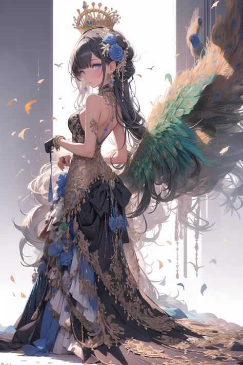 peacock, 1girl, dress, blue flower, solo, black hair, looking at viewer, flower, black dress, looking back, hair ornament, petals, long dress, full body, standing, white background, blue eyes, jewelry, bird, earrings, bangs, blue rose, hair flower, long hair, crown, from behind, wings, breasts, simple background, sleeveless <lora:peacock-noise:1>