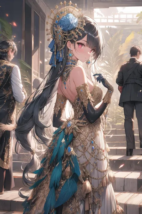 peacock, gloves, dress, jewelry, long hair, white gloves, looking at viewer, red eyes, black hair, 1girl, solo focus, hair ornament, bare shoulders, looking back, earrings, feathers, bow, very long hair, elbow gloves, standing, stairs, bangs <lora:peacock-noise:1>