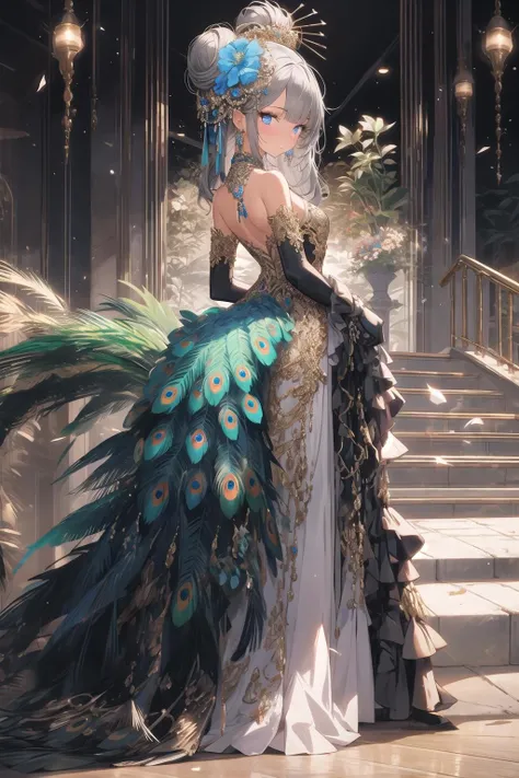 peacock, 1girl, solo, dress, gloves,feather dress, looking at viewer, hair ornament, elbow gloves, blue eyes, looking back, full body, standing, hair bun, bare shoulders, long dress, single hair bun, black gloves, flower, bangs, grey hair, closed mouth <lora:peacock-noise:1>