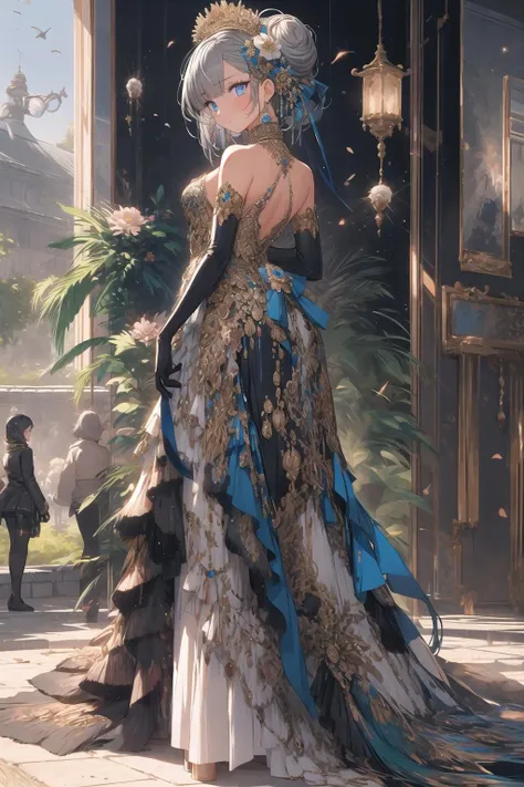peacock, 1girl, solo, dress, gloves, looking at viewer, hair ornament, elbow gloves, blue eyes, looking back, full body, standing, hair bun, bare shoulders, long dress, single hair bun, black gloves, flower, bangs, grey hair, closed mouth <lora:peacock-noise:1>