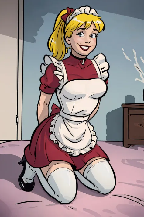 masterpiece, best quality, 1girl, betty, blonde hair, ponytail, blush, smile, maid outfit, looking at viewer, solo, indoors, traditional media sit to a chair, tied ankles together, tied arms, Focus full body, tape gagged, barefoot 