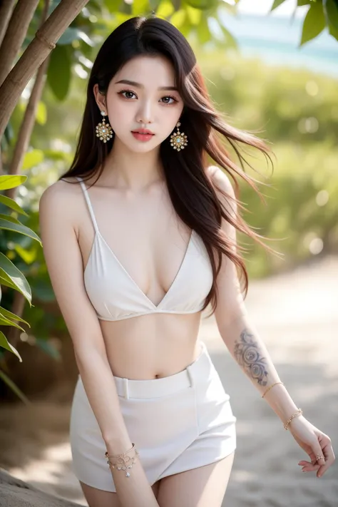 (pquality:1.5),pureface, 1lady, sexy, dress shirt,bikini, beach,large breasts,, jewelry ,earrings ,bracelets ,-object- Tattoo