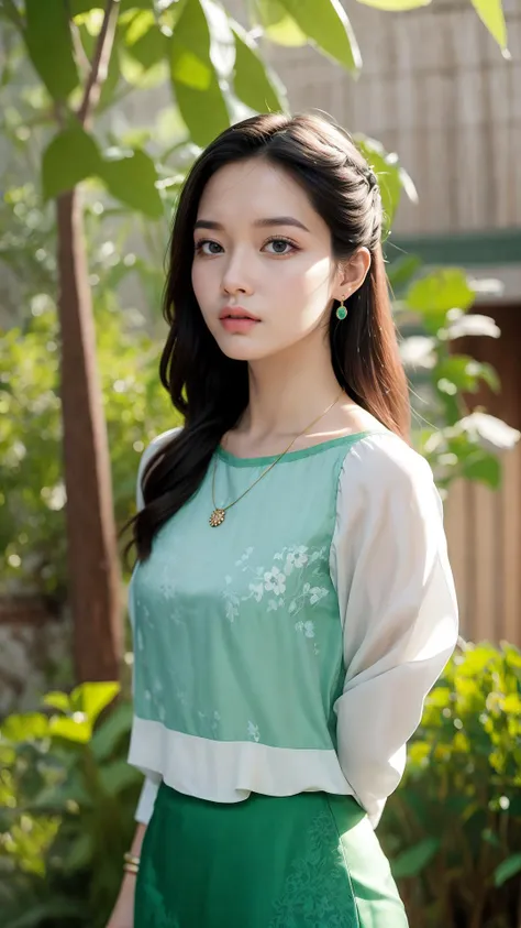 Bare shoulder, sexy, large breast,portrait, front view, masterpiece,ultra realistic,32k,extremely detailed CG unity 8k wallpaper, best quality,(spring day ),lady ,necklace ,eardrop, Grand Canyon, United States, ( Psychedelic Wear a pencil skirt with a silk blouse ) , Emerald green hair chignon hair ,